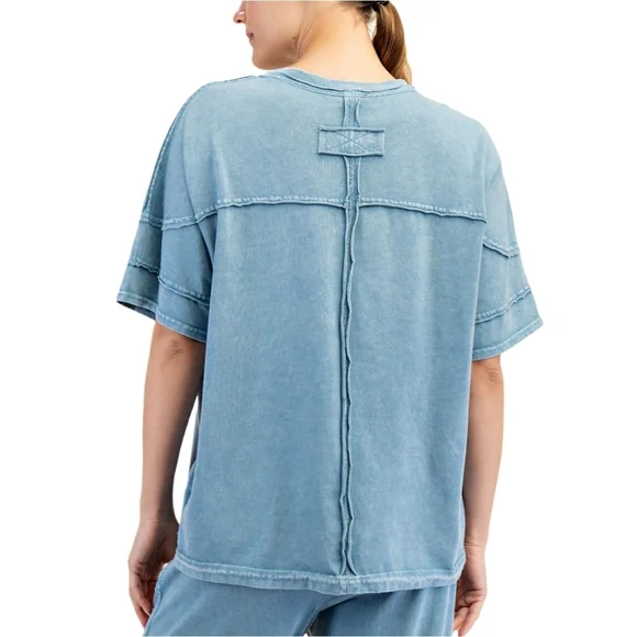 Rae Mode Dusty Blue The TaylorCurvy Cotton Poly Raw Seam Top Shirt Size Medium - Picture 2 of 8